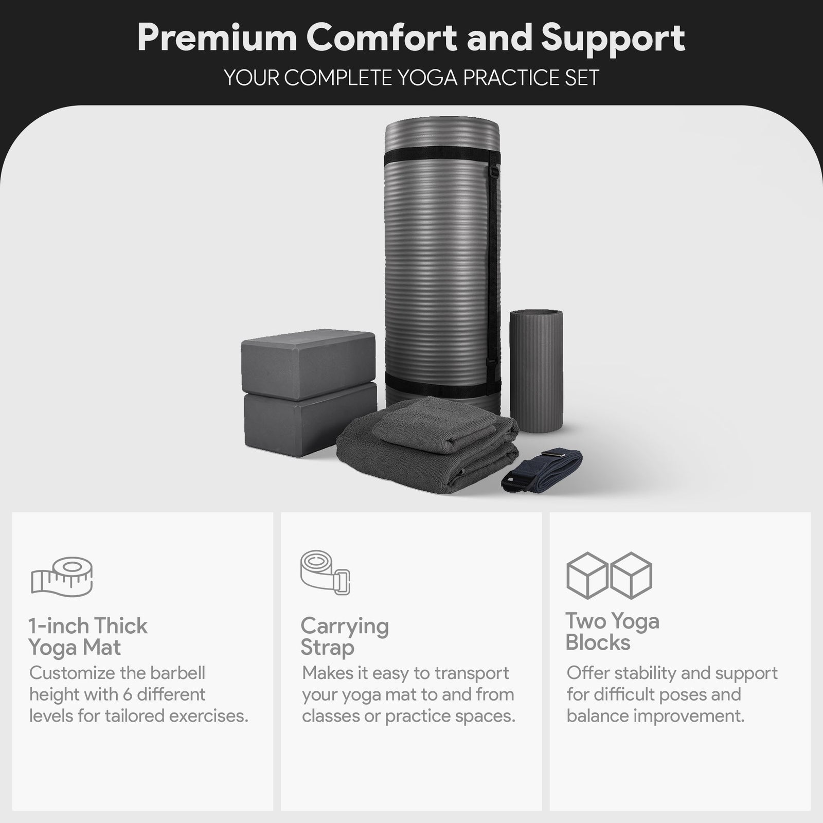 BalanceFrom 7 Piece Yoga Set with Mat, Stretch Strap, & Knee Pad, Gray(Open Box) - VMInnovations