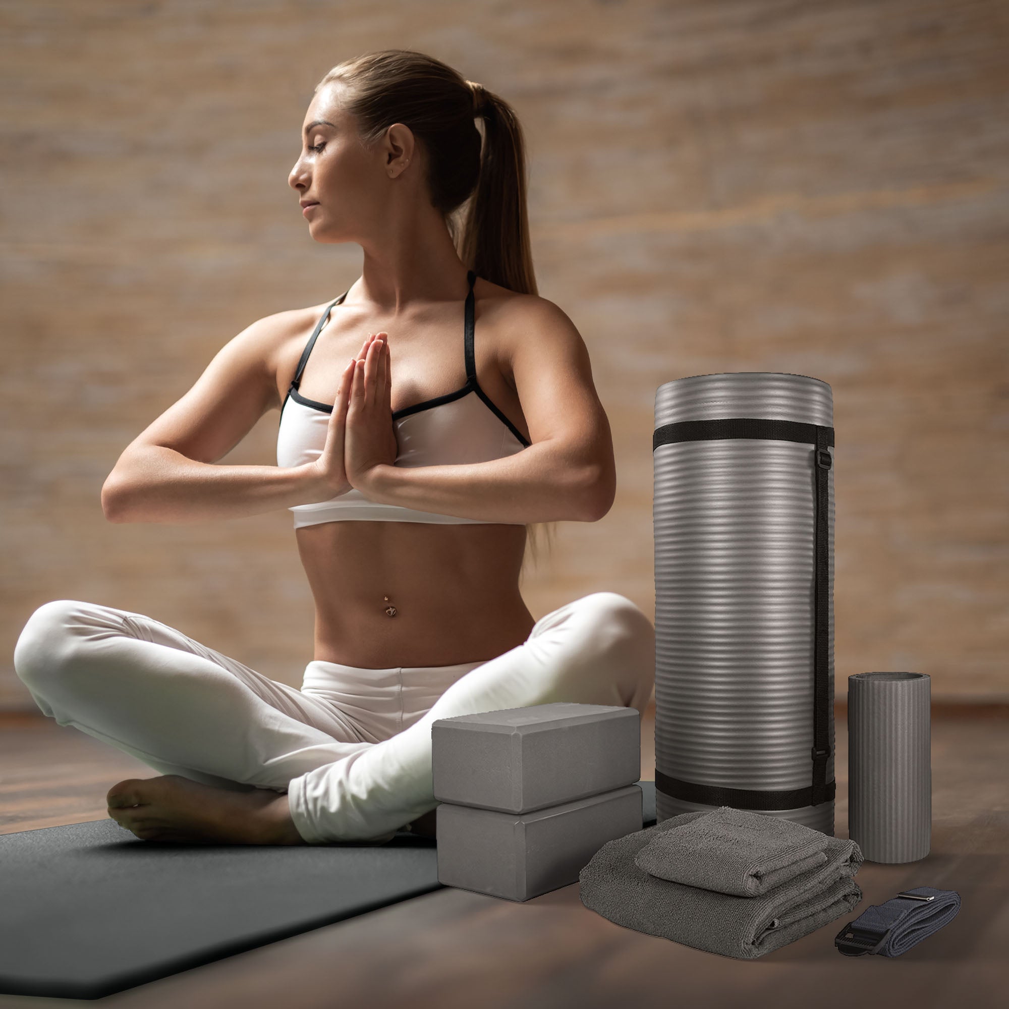 BalanceFrom Fitness 7Pc Yoga Set with Mat, Stretch Strap, & Knee Pad, Gray(Used) - VMInnovations
