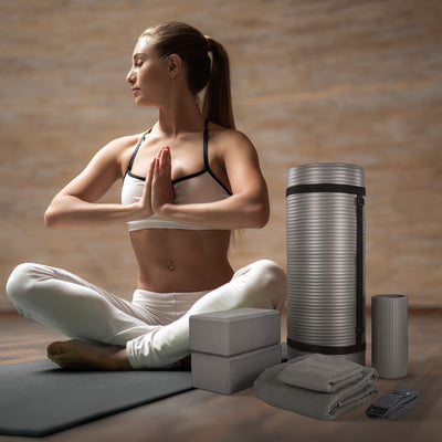 BalanceFrom Fitness 7Pc Yoga Set with Mat, Stretch Strap, & Knee Pad, Gray(Used) - VMInnovations