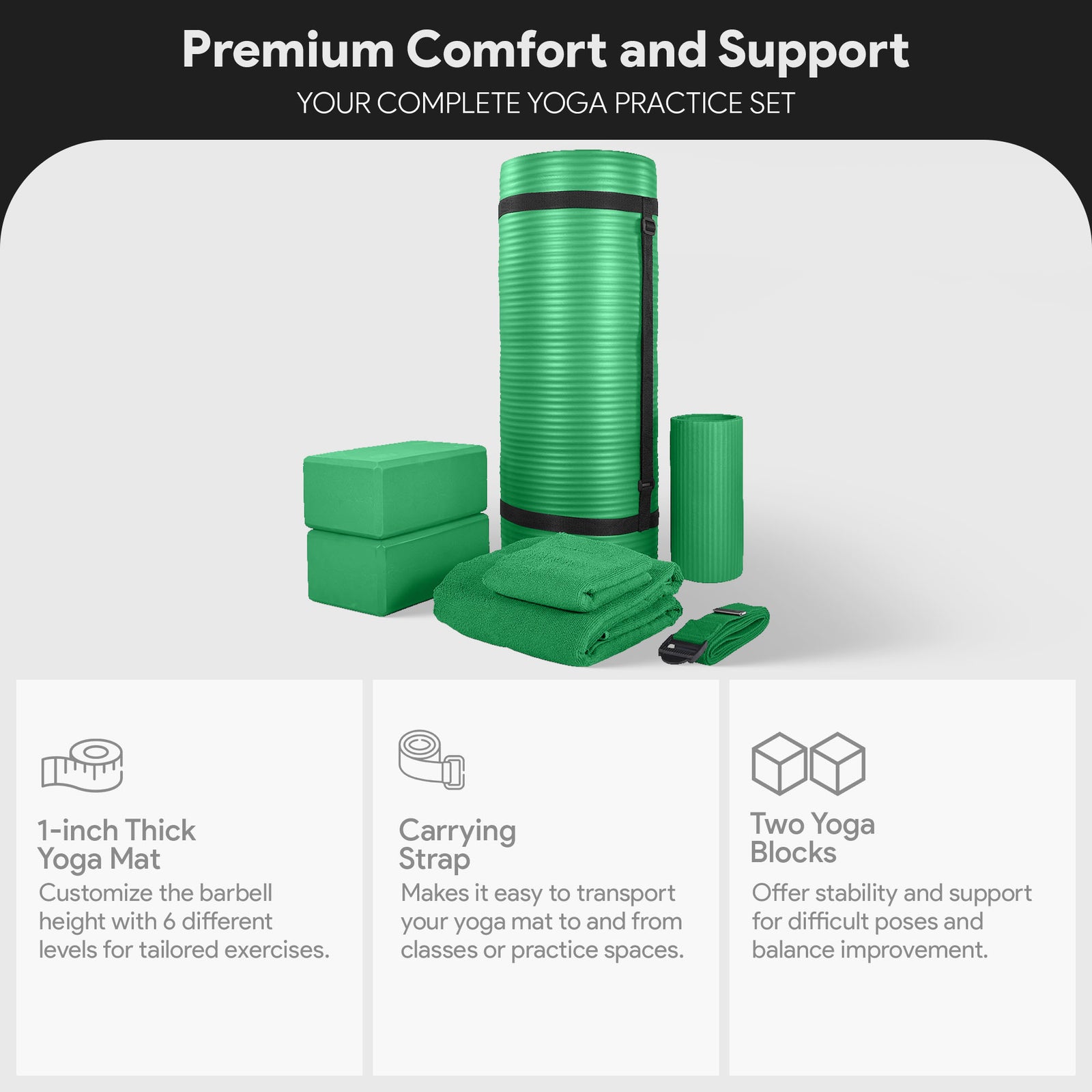 BalanceFrom Fitness 7 Piece Yoga Set with Mat, Stretch Strap, & Knee Pad, Green - VMInnovations