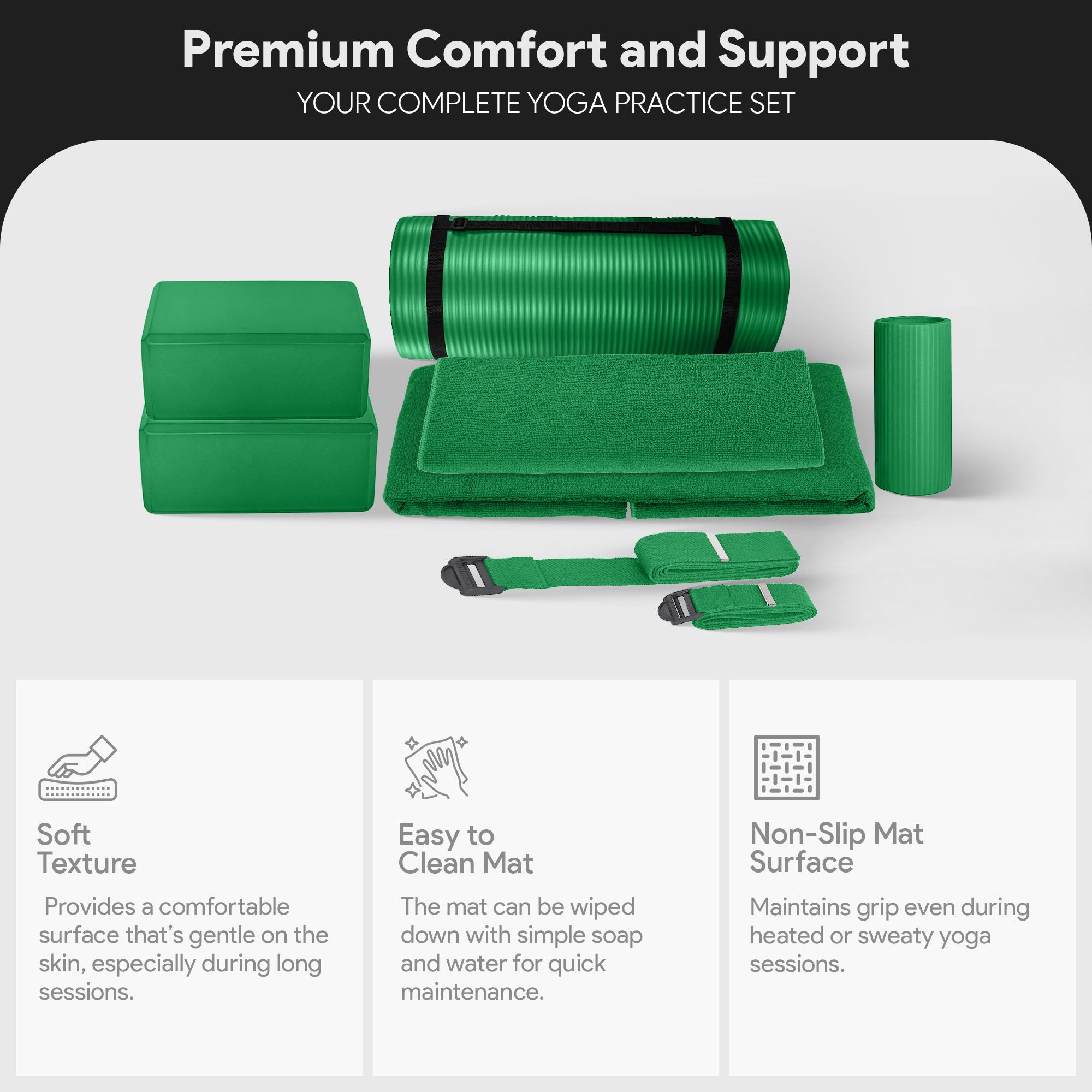BalanceFrom Fitness 7Pc Yoga Set w/Mat, Stretch Strap, & Knee Pad, Green (Used) - VMInnovations