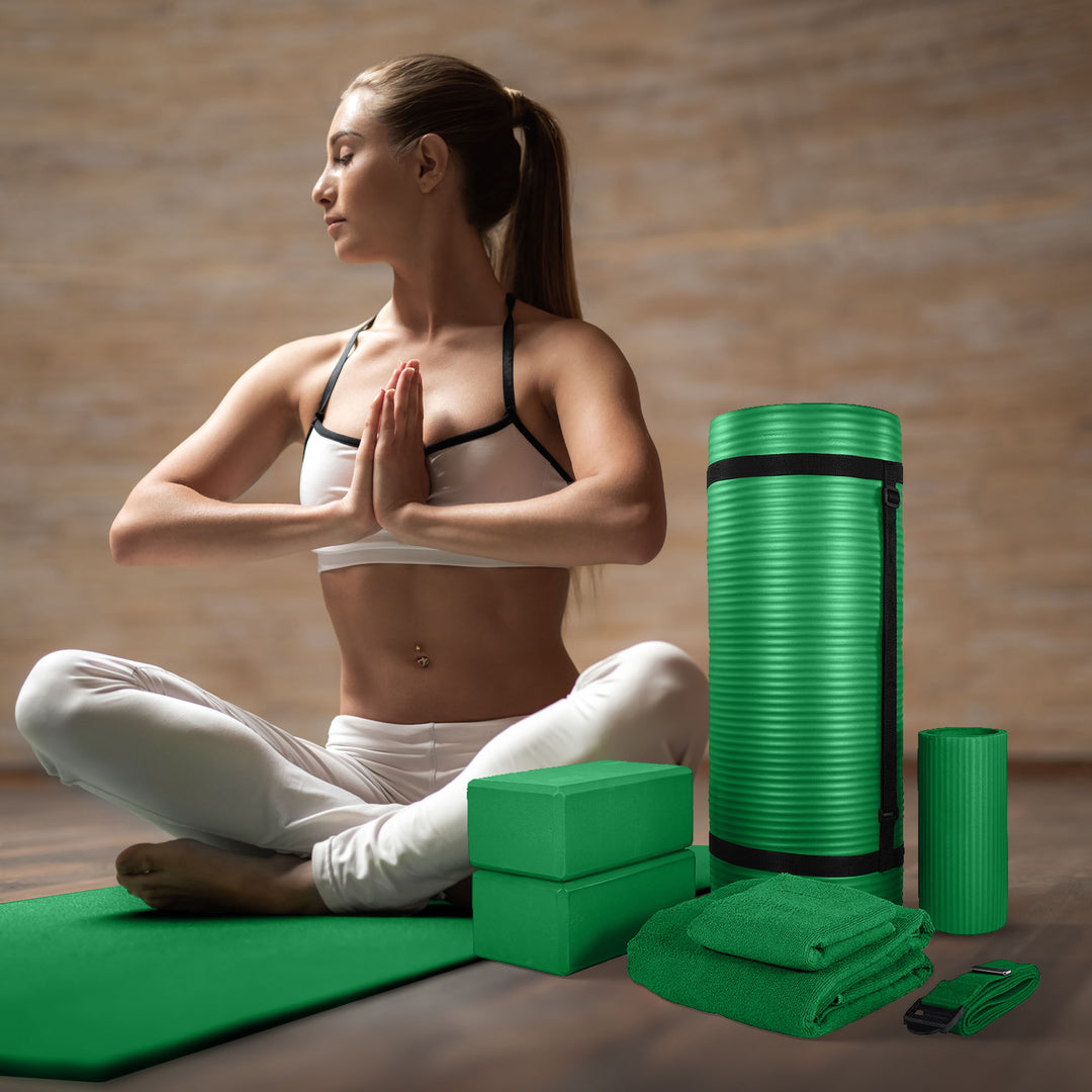 BalanceFrom 7Pc Yoga Set w/Mat, Stretch Strap, & Knee Pad,Green(Open Box)