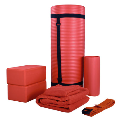 BalanceFrom Fitness 7pc Yoga Set w/Mat, Stretch Strap, & Knee Pad, Red(Open Box) - VMInnovations