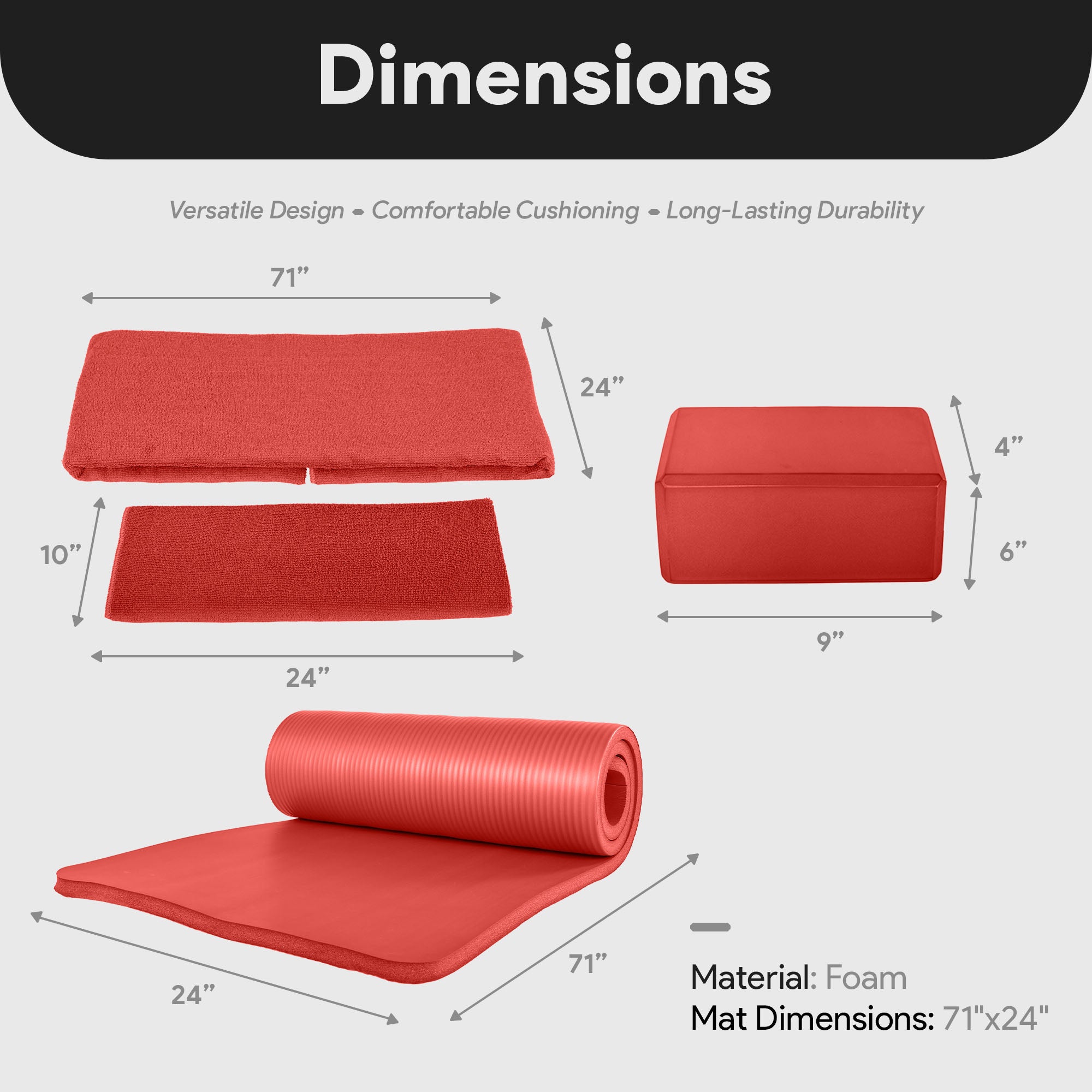 BalanceFrom Fitness 7pc Yoga Set w/Mat, Stretch Strap, & Knee Pad, Red(Open Box) - VMInnovations