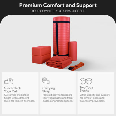 BalanceFrom Fitness 7pc Yoga Set w/Mat, Stretch Strap, & Knee Pad, Red(Open Box) - VMInnovations