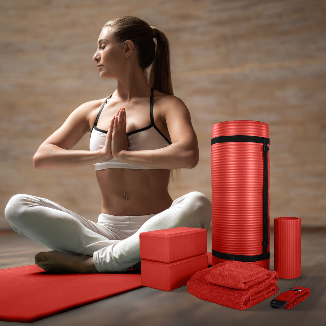 BalanceFrom Fitness 7 Piece Yoga Set with Mat, Stretch Strap, & Knee Pad, Red