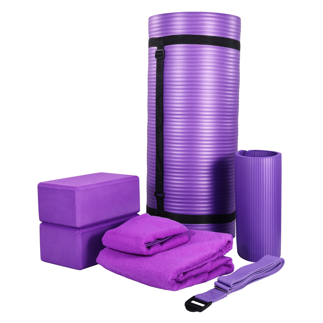 BalanceFrom Fitness 7Pc Yoga Set w/Mat, Strap, & Knee Pad, Purple (Open Box)