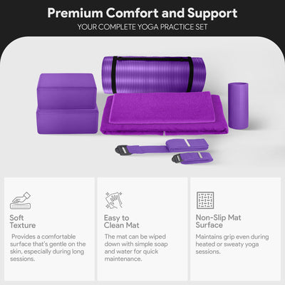 BalanceFrom Fitness 7Pc Yoga Set w/Mat, Strap, & Knee Pad, Purple (Open Box) - VMInnovations