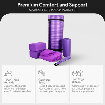 BalanceFrom Fitness 7Pc Yoga Set w/Mat, Strap, & Knee Pad, Purple (Open Box) - VMInnovations