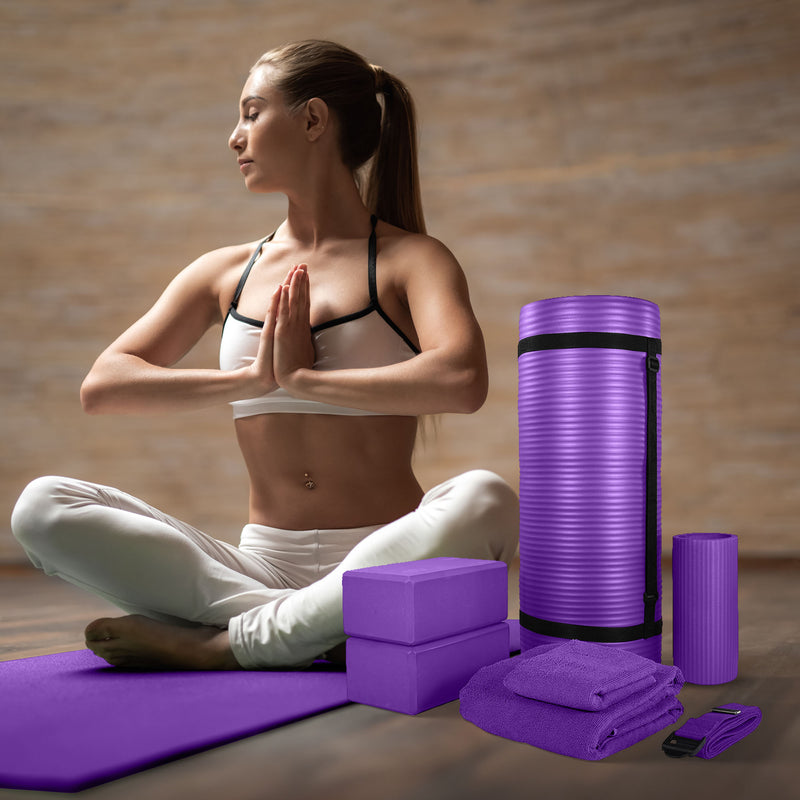 BalanceFrom Fitness 7 Piece Yoga Set with Mat, Strap, & Knee Pad, Purple (Used)