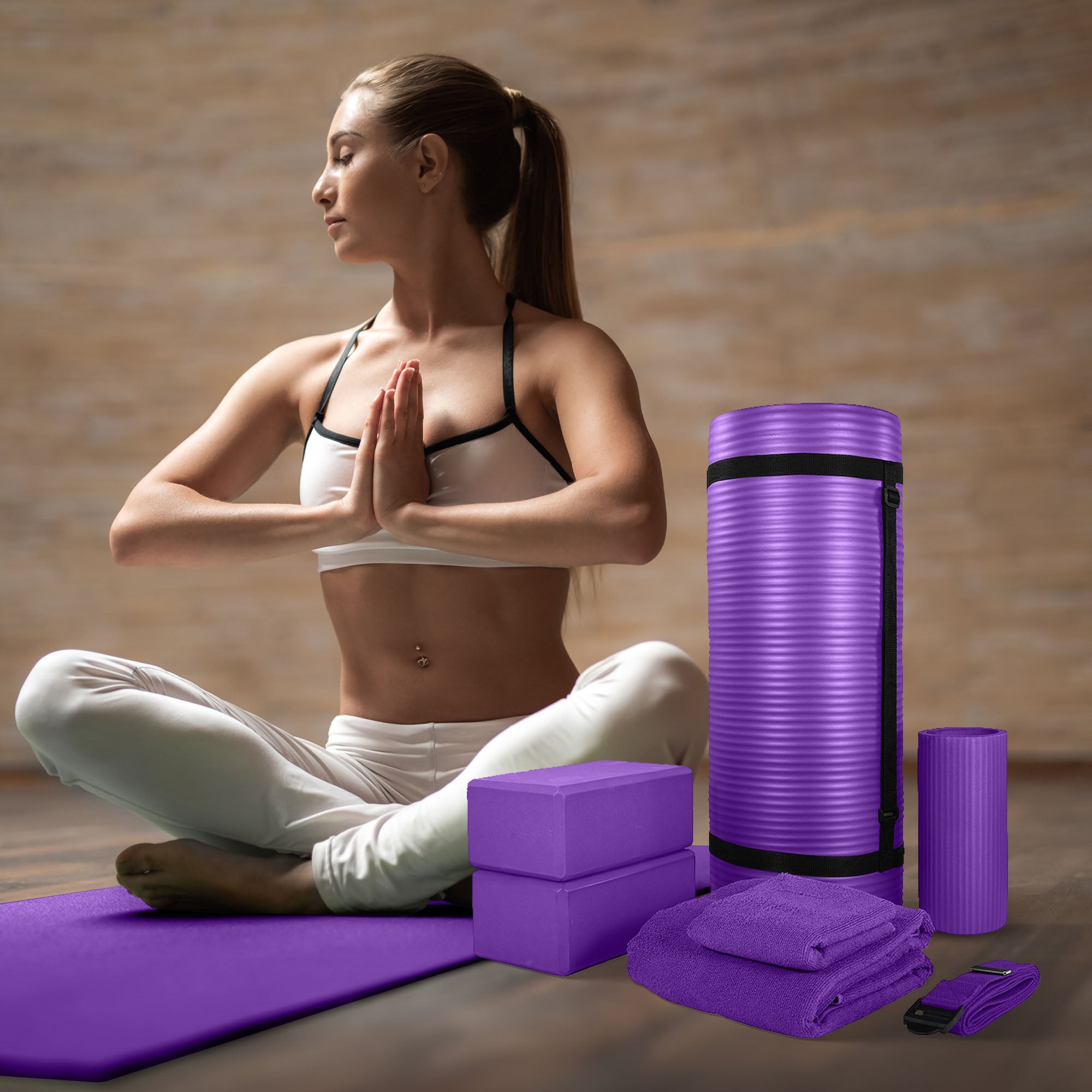 BalanceFrom Fitness 7Pc Yoga Set w/Mat, Strap, & Knee Pad, Purple (Open Box) - VMInnovations