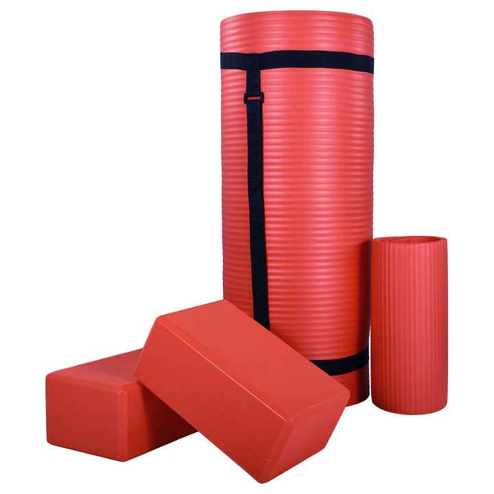 BalanceFrom 71"x24" Anti Tear Yoga Mat w/Strap, Knee Pad & Blocks, Red(Open Box)