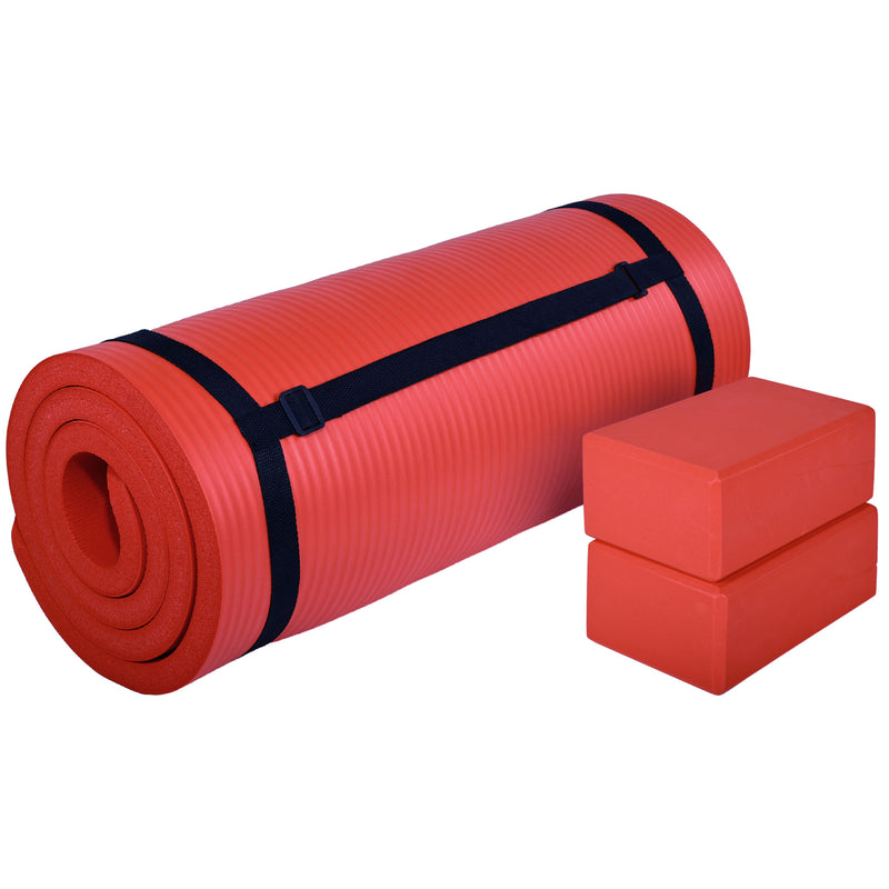 BalanceFrom Fitness 71"x24" Anti Tear Yoga Mat w/Strap, Knee Pad & Blocks, Red