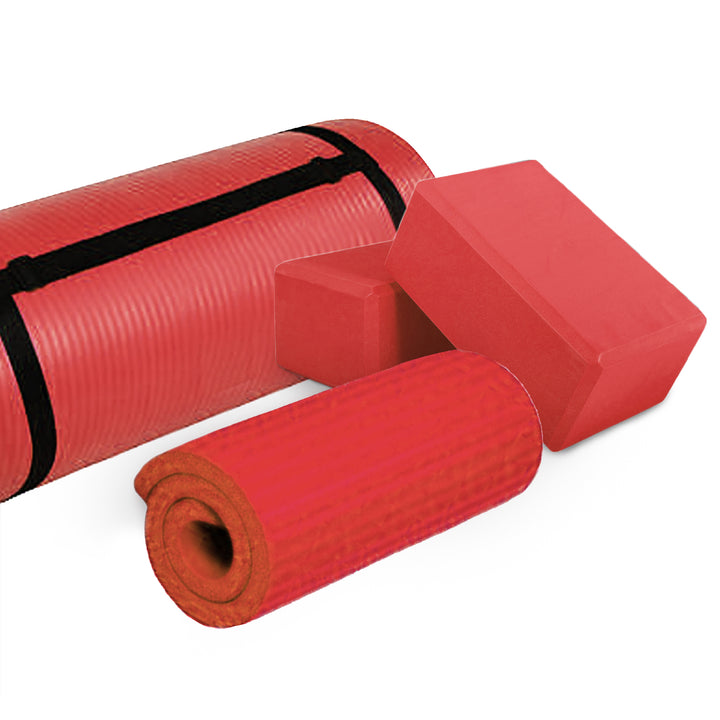 BalanceFrom 71"x24" Anti Tear Yoga Mat w/Strap, Knee Pad & Blocks, Red(Open Box)