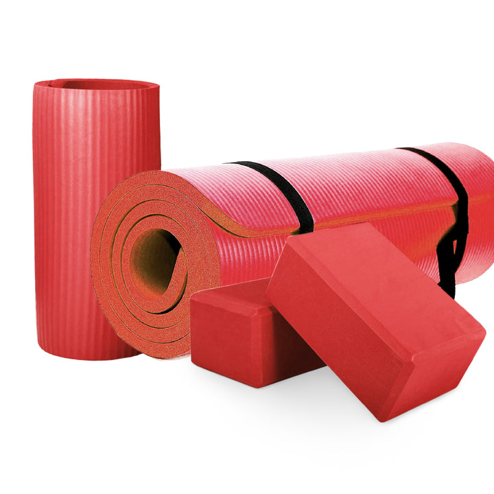 BalanceFrom 71"x24" Anti Tear Yoga Mat w/Strap, Knee Pad & Blocks, Red(Open Box)