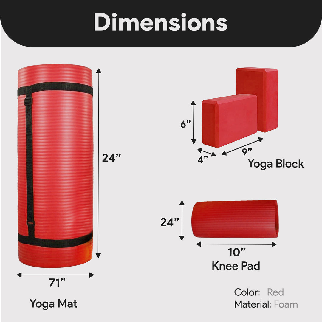 BalanceFrom 71"x24" Anti Tear Yoga Mat w/Strap, Knee Pad & Blocks, Red(Open Box)