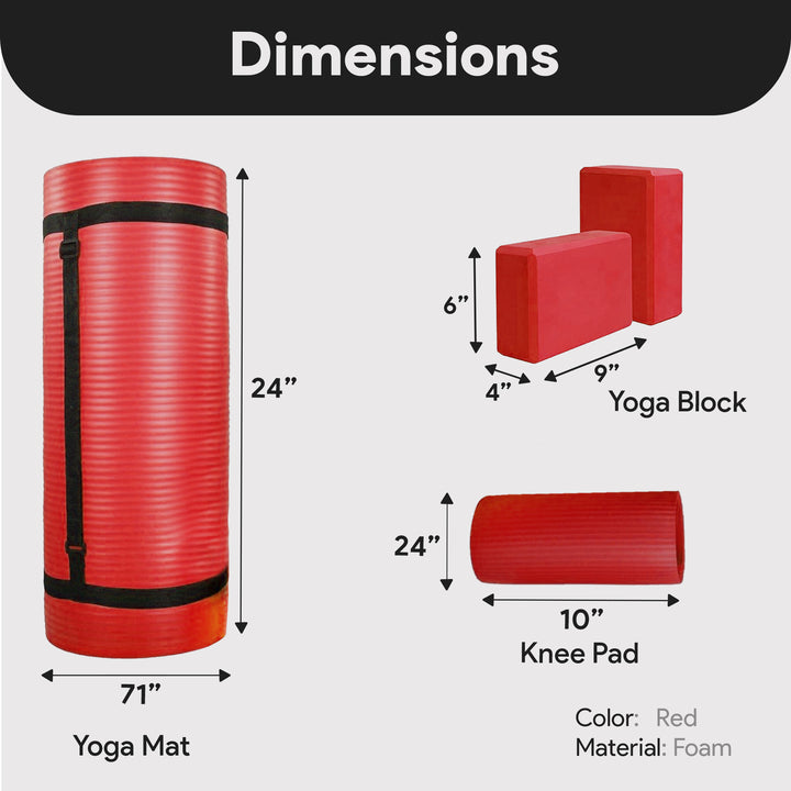 BalanceFrom 71"x24" Anti Tear Yoga Mat w/Strap, Knee Pad & Blocks, Red(Open Box)