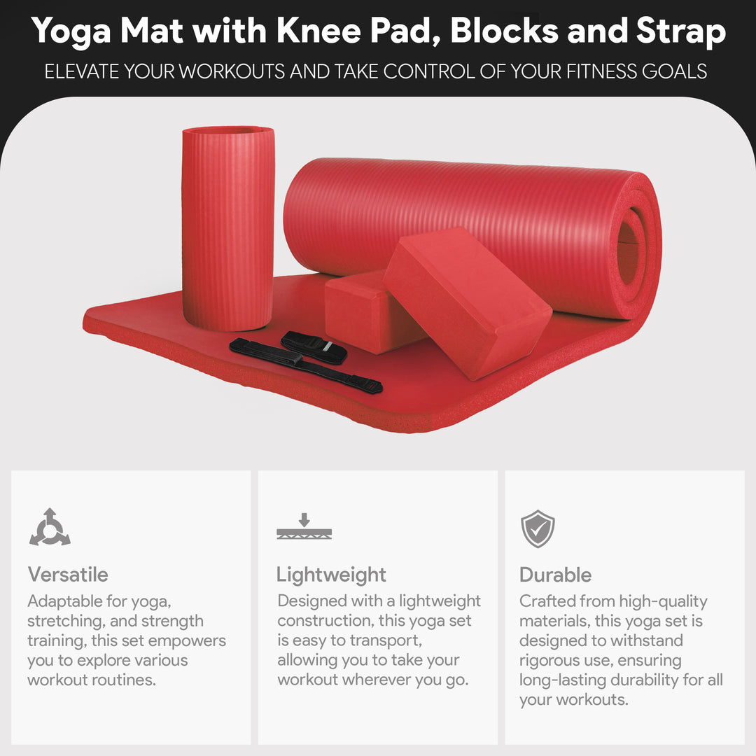 BalanceFrom 71"x24" Anti Tear Yoga Mat w/Strap, Knee Pad & Blocks, Red(Open Box)