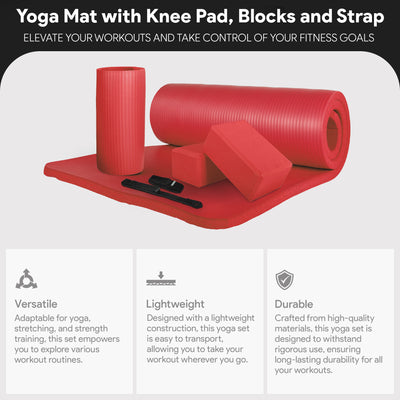 BalanceFrom 71"x24" Anti Tear Yoga Mat w/Strap, Knee Pad & Blocks, Red (Used)