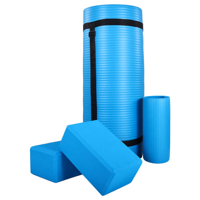 BalanceFrom Fitness 71"x24" Anti Tear Yoga Mat w/Strap, Knee Pad & Blocks, Blue
