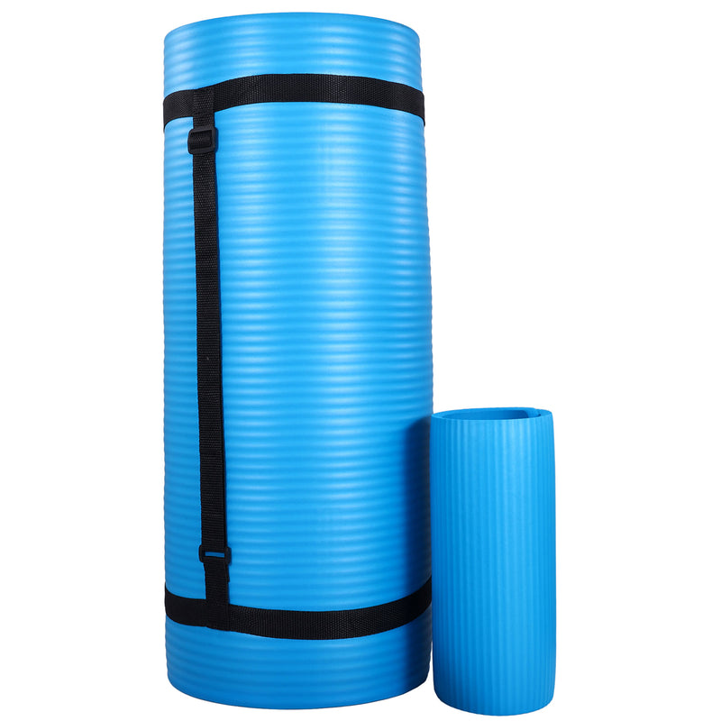 BalanceFrom 71"x24" Anti Tear Yoga Mat w/Strap, Knee Pad & Blocks, Blue (Used)