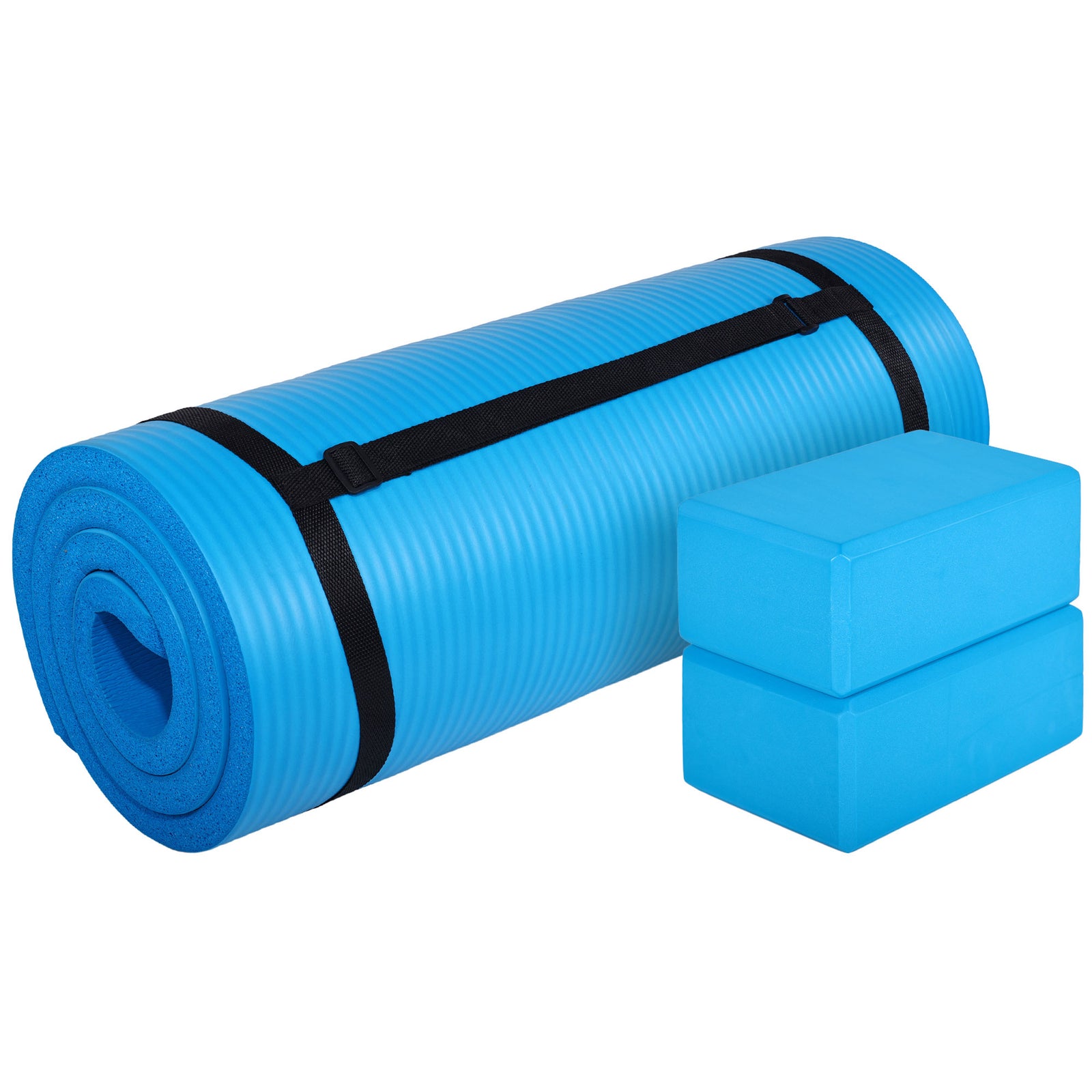 BalanceFrom 71"x24" Anti Tear Yoga Mat w/Strap, Knee Pad & Blocks, Blue (Used) - VMInnovations