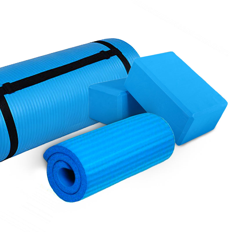 BalanceFrom Fitness 71"x24" Anti Tear Yoga Mat w/Strap, Knee Pad & Blocks, Blue