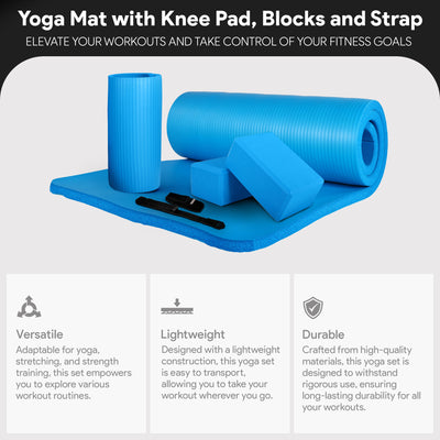 BalanceFrom 71"x24" Anti Tear Yoga Mat w/Strap, Knee Pad & Blocks,Blue(Open Box)