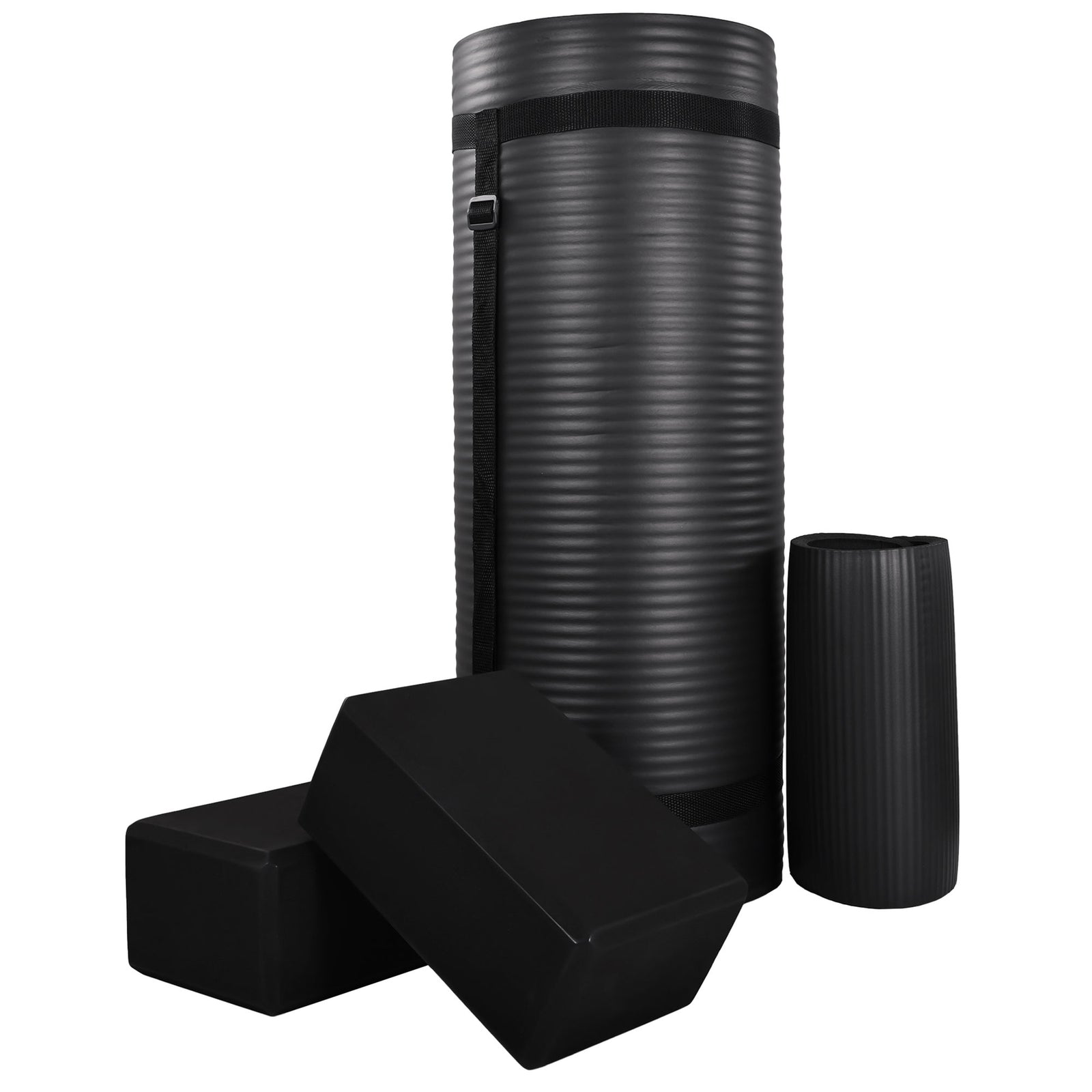 BalanceFrom 71"x24" Anti Tear Yoga Mat w/Strap, Knee Pad & Blocks, Black (Used) - VMInnovations