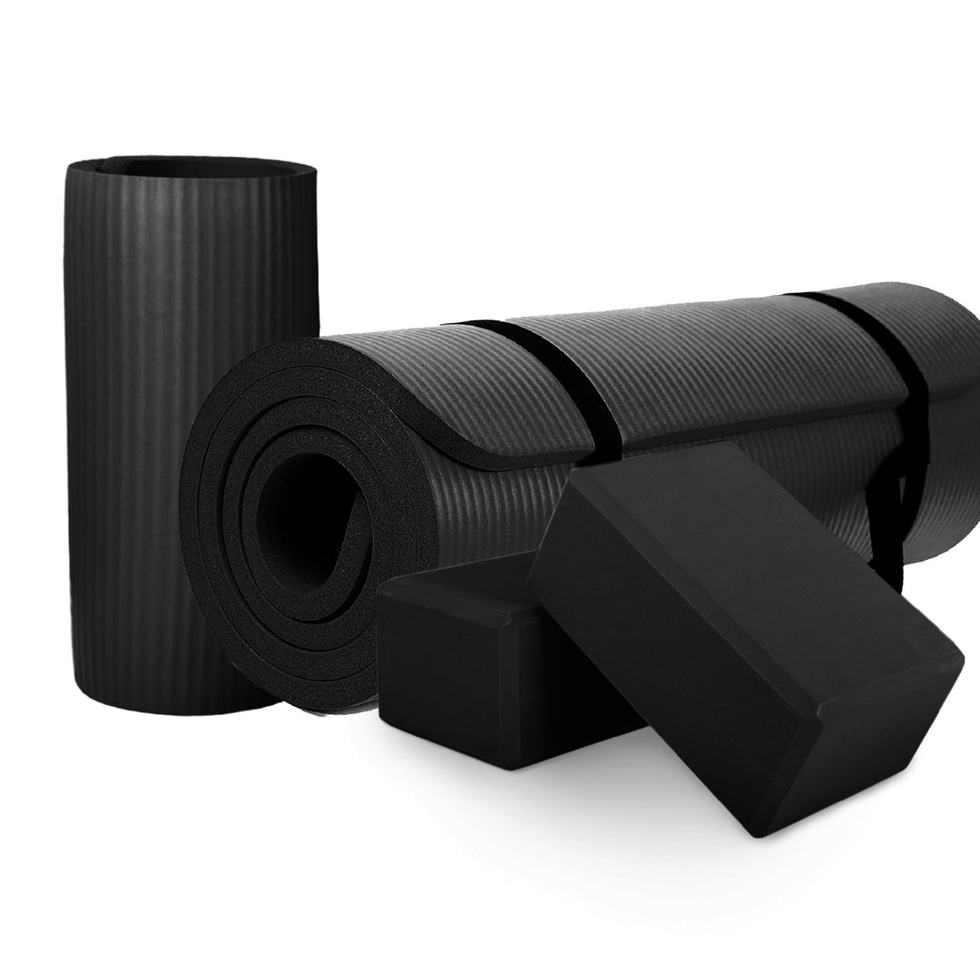 BalanceFrom 71"x24" Anti Tear Yoga Mat w/Strap, Pad & Blocks, Black(Open Box)