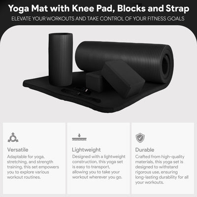 BalanceFrom 71"x24" Anti Tear Yoga Mat w/Strap, Knee Pad & Blocks, Black (Used)