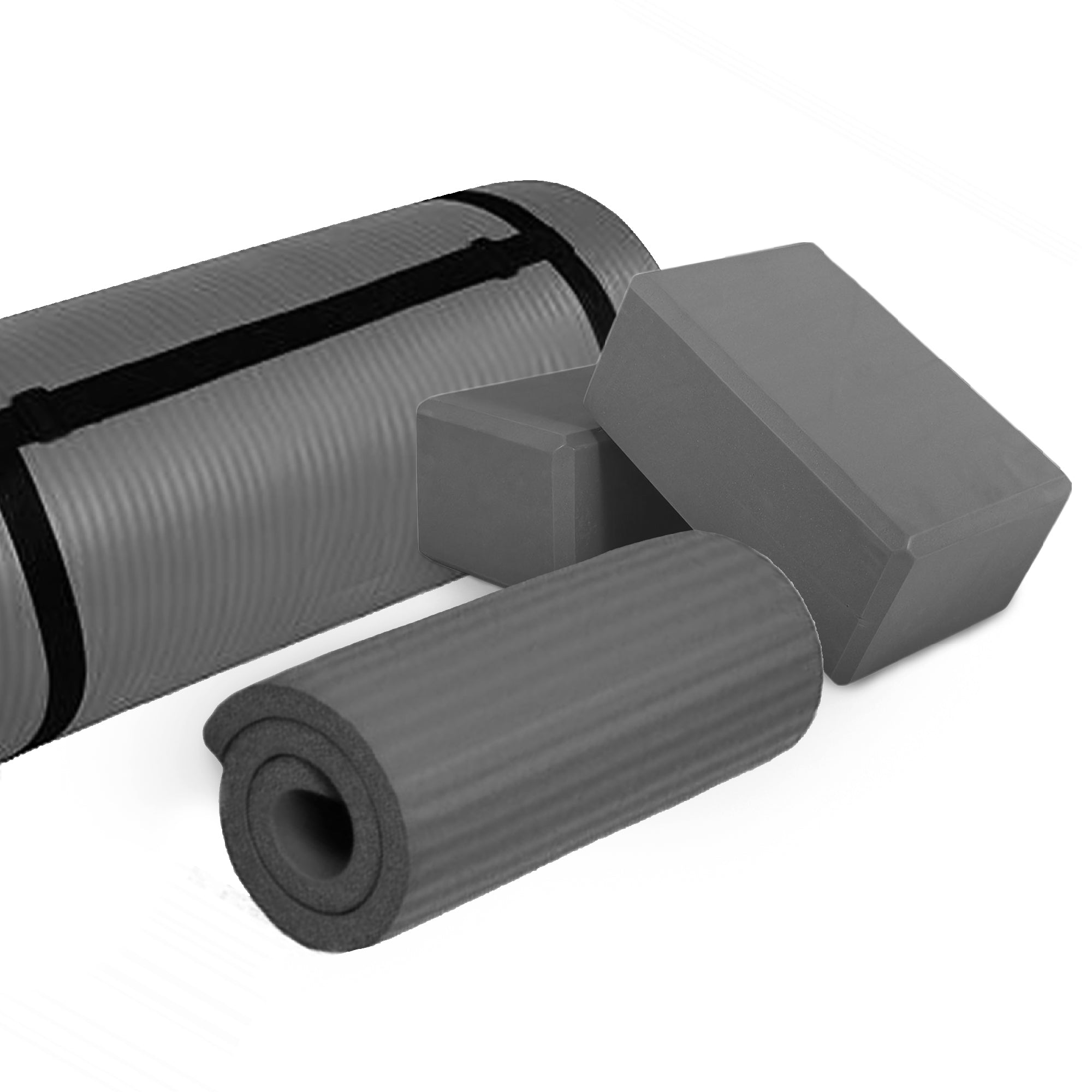 BalanceFrom 71"x24" Anti Tear Yoga Mat w/Strap, Knee Pad & Blocks, Gray (Used) - VMInnovations