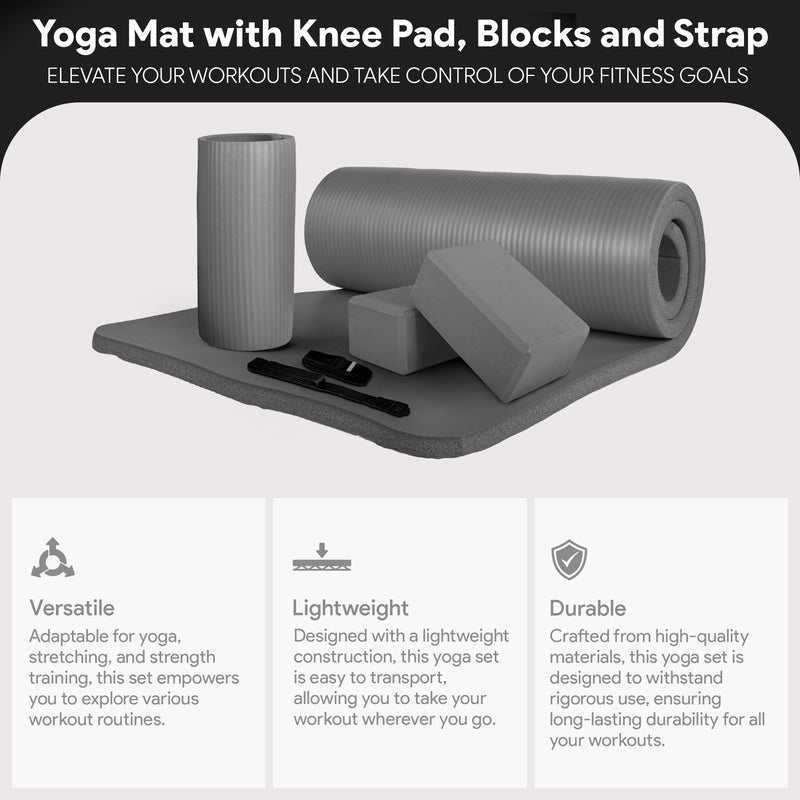 BalanceFrom 71"x24" Anti Tear Yoga Mat w/Strap, Knee Pad & Blocks,Gray(Open Box)