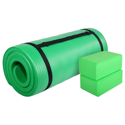 BalanceFrom 71"x24" AntiTear Yoga Mat w/Strap, Knee Pad & Blocks,Green(Open Box) - VMInnovations