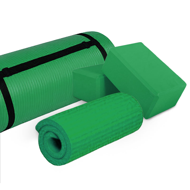 BalanceFrom 71"x24" AntiTear Yoga Mat w/Strap, Knee Pad & Blocks,Green(Open Box)