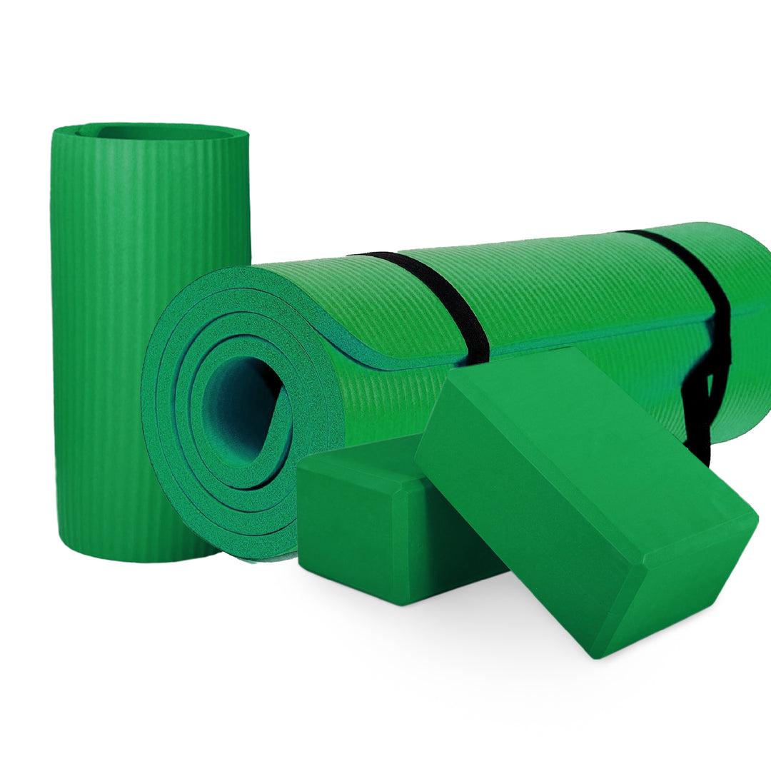 BalanceFrom 71"x24" Anti Tear Yoga Mat w/Strap, Knee Pad & Blocks, Green (Used) - VMInnovations