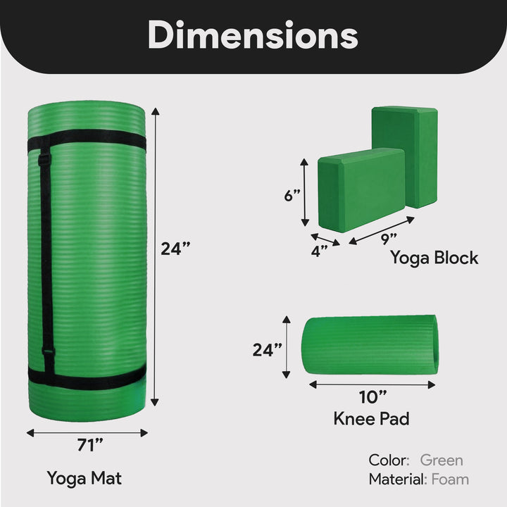 BalanceFrom Fitness 71"x24" Anti Tear Yoga Mat w/Strap, Knee Pad & Blocks, Green