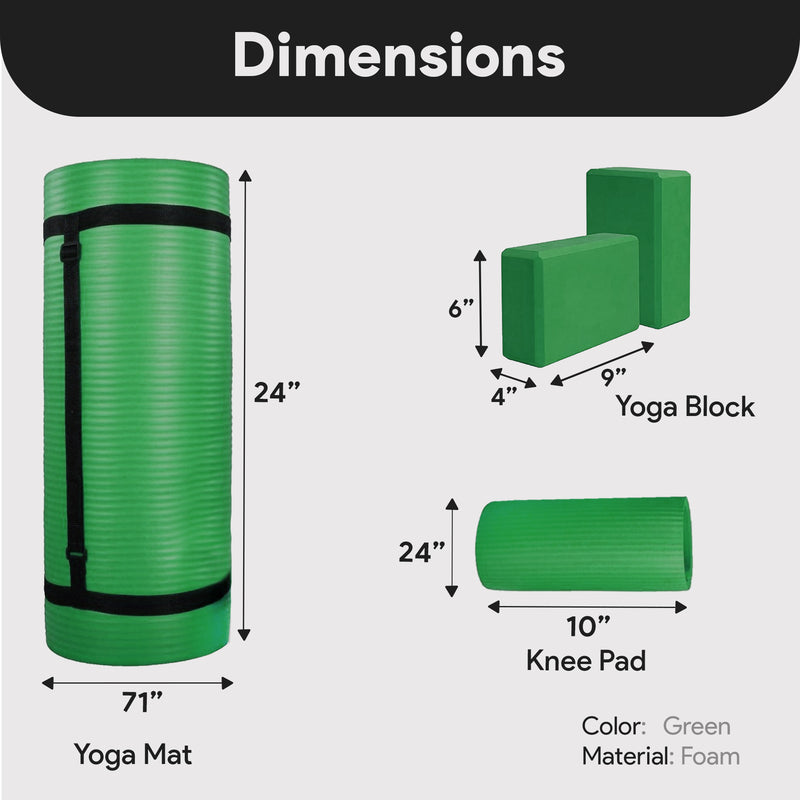 BalanceFrom 71"x24" AntiTear Yoga Mat w/Strap, Knee Pad & Blocks,Green(Open Box)