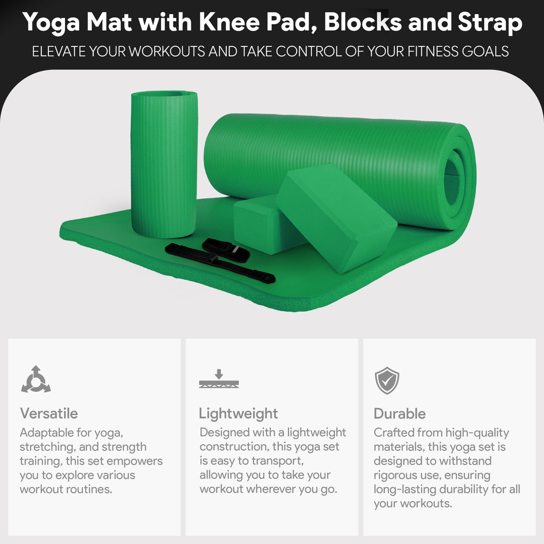 BalanceFrom Fitness 71"x24" Anti Tear Yoga Mat w/Strap, Knee Pad & Blocks, Green