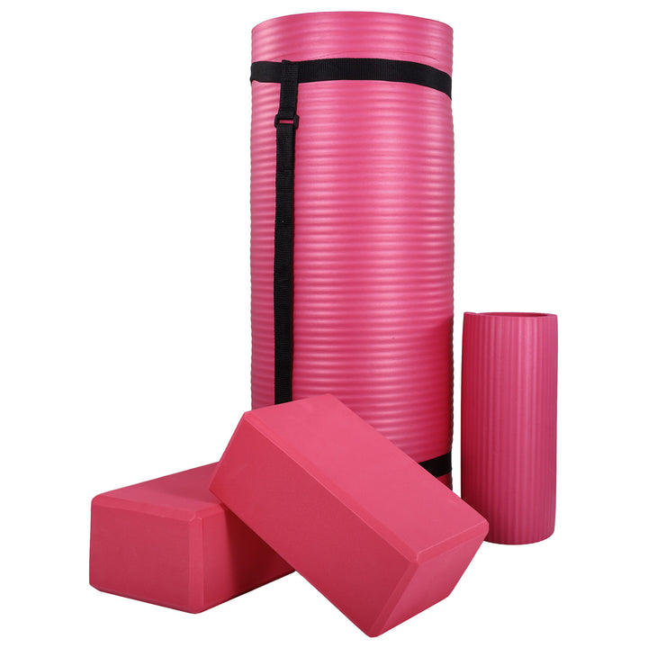 BalanceFrom Fitness 71"x24" Anti Tear Yoga Mat w/Strap, Knee Pad & Blocks, Pink - VMInnovations