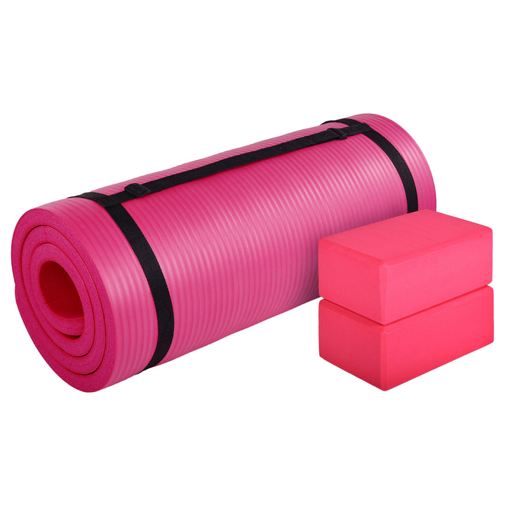BalanceFrom Fitness 71"x24" Anti Tear Yoga Mat w/Strap, Knee Pad & Blocks, Pink - VMInnovations