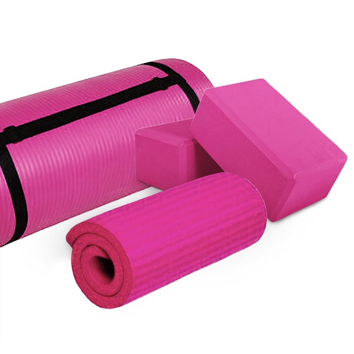 BalanceFrom Fitness 71"x24" Anti Tear Yoga Mat w/Strap, Knee Pad & Blocks, Pink - VMInnovations