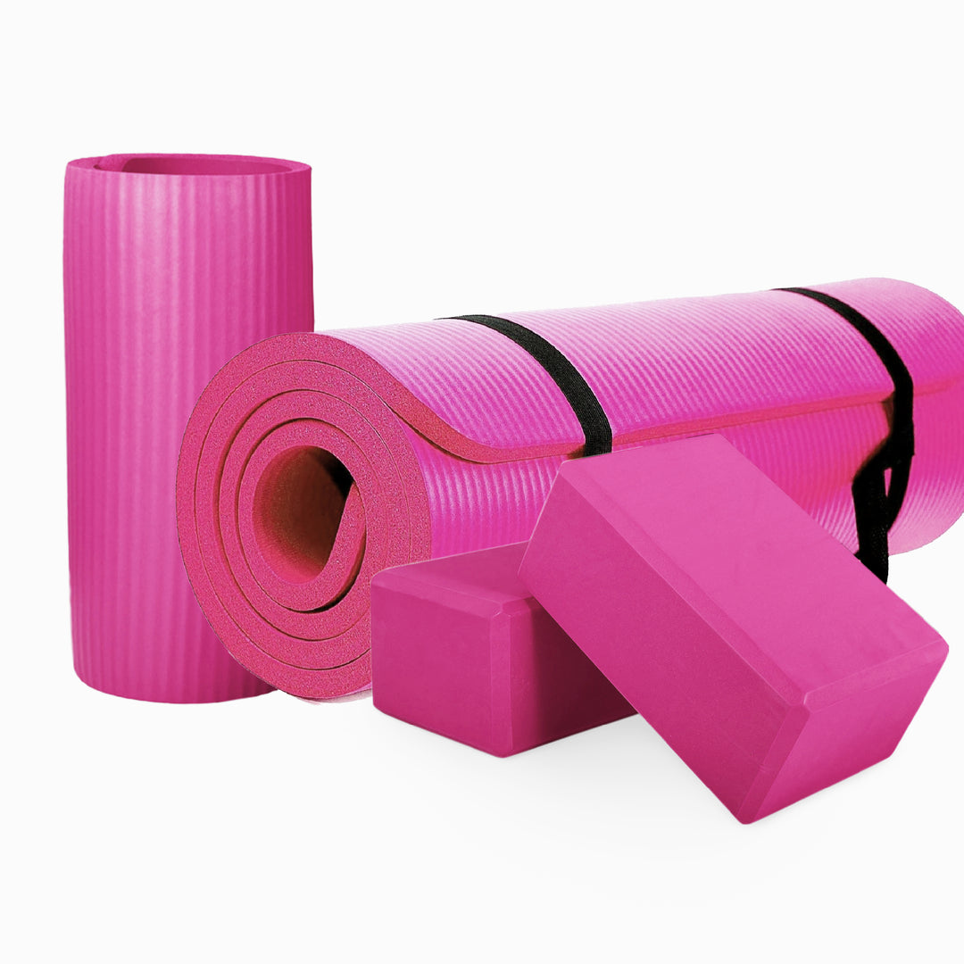 BalanceFrom Fitness 71"x24" Anti Tear Yoga Mat w/Strap, Knee Pad & Blocks, Pink - VMInnovations