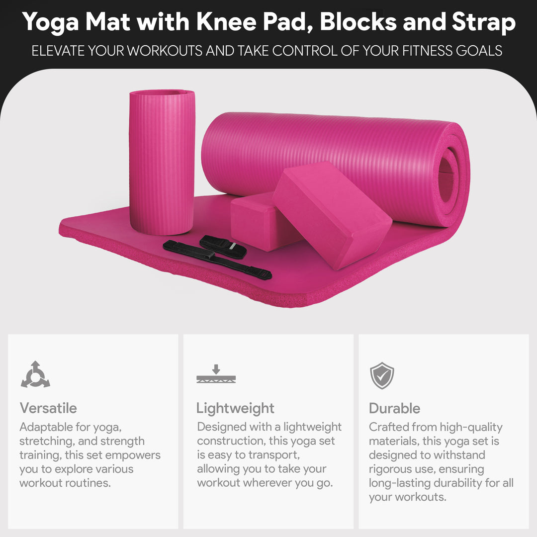 BalanceFrom Fitness 71"x24" Anti Tear Yoga Mat w/Strap, Knee Pad & Blocks, Pink - VMInnovations