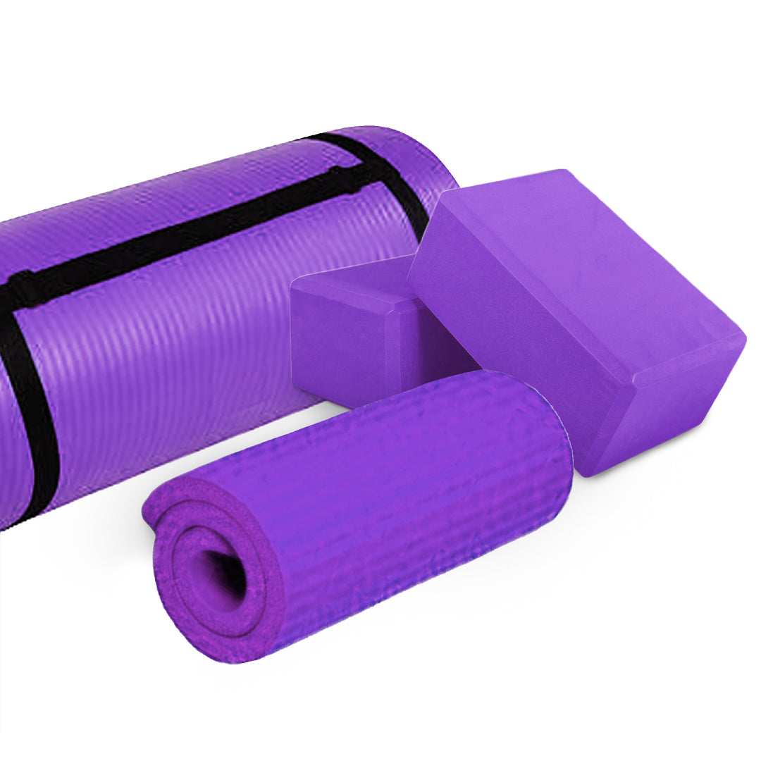 BalanceFrom Fitness 71"x24" Anti Tear Yoga Mat w/Strap, Knee Pad & Blocks,Purple