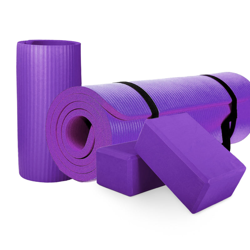 BalanceFrom 71"x24" Anti Tear Yoga Mat w/Strap, Knee Pad & Blocks,Purple (Used)