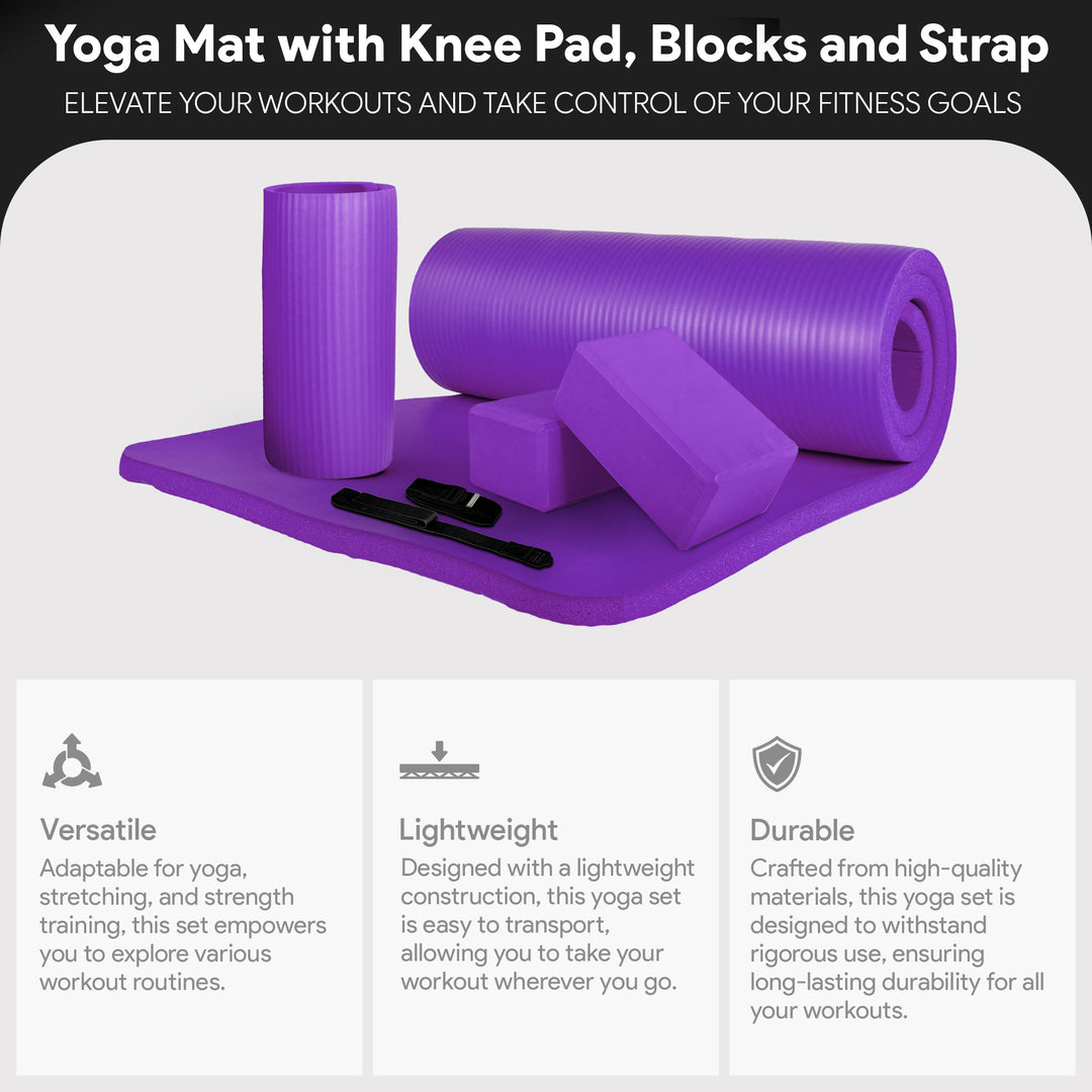 BalanceFrom Fitness 71"x24" Anti Tear Yoga Mat w/Strap, Knee Pad & Blocks,Purple