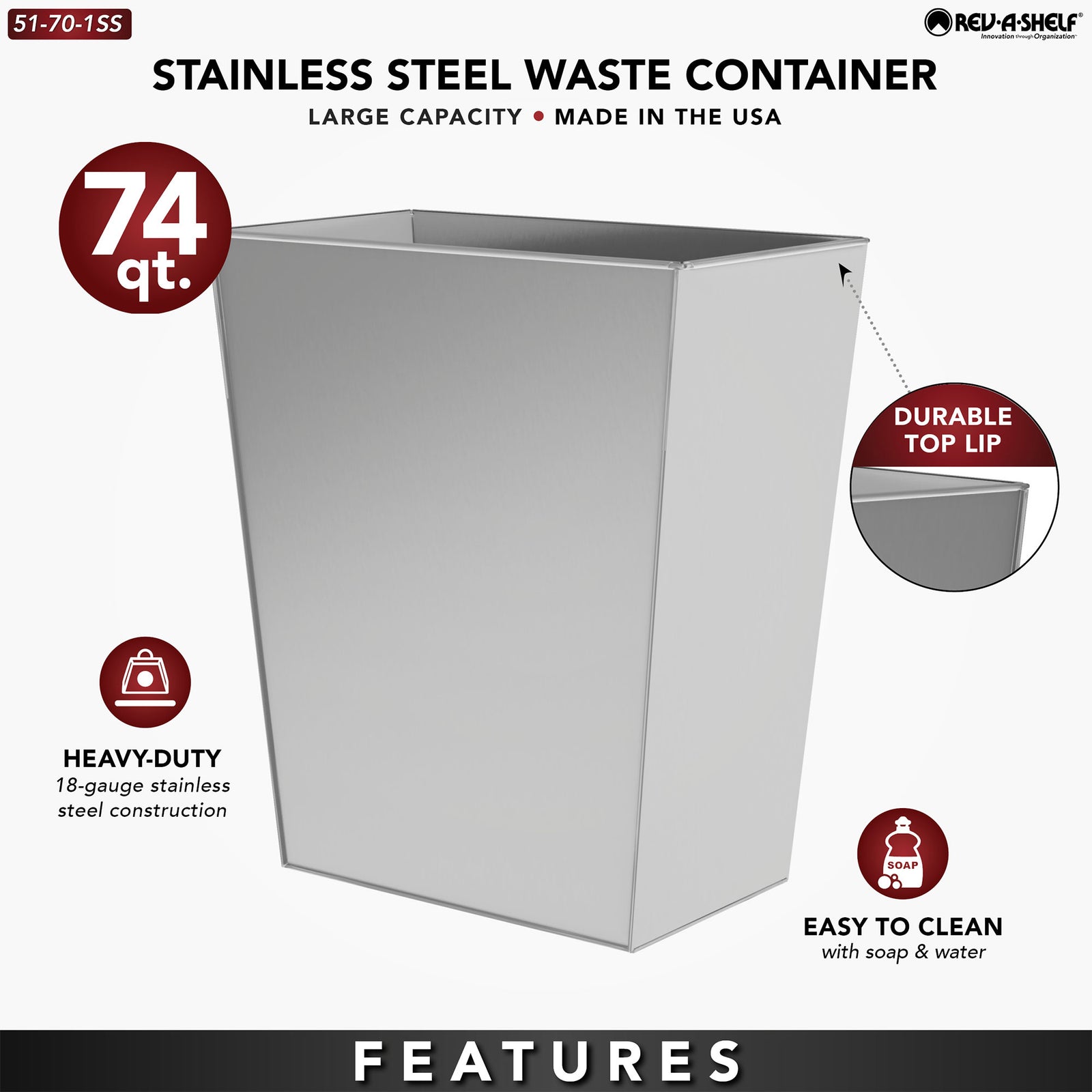 Rev-A-Shelf 74 Qt Trash Can for Kitchen Stainless Steel, Silver, 51-70-1SS - VMInnovations