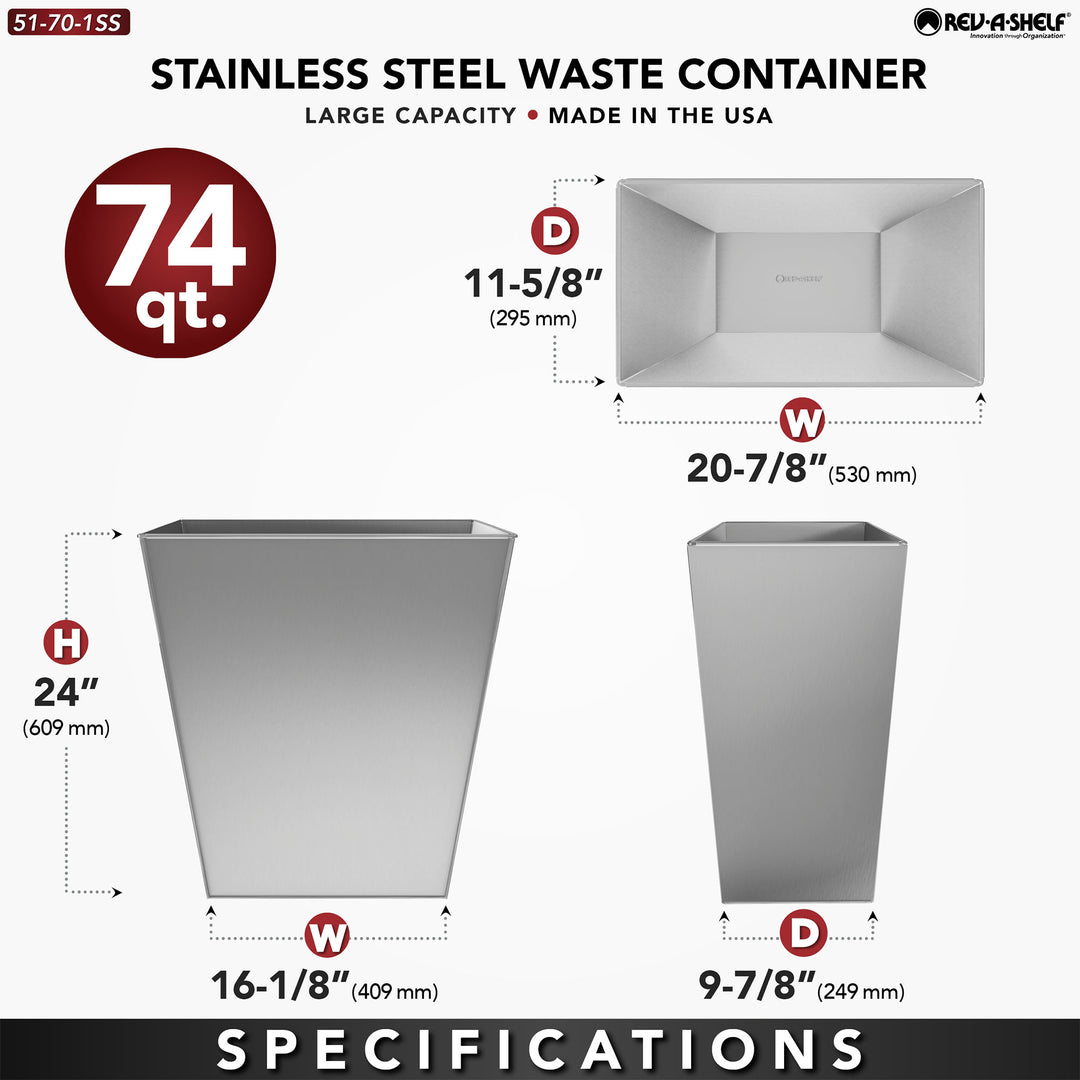 Rev-A-Shelf 74 Qt Trash Can for Kitchen Stainless Steel, Silver, 51-70-1SS