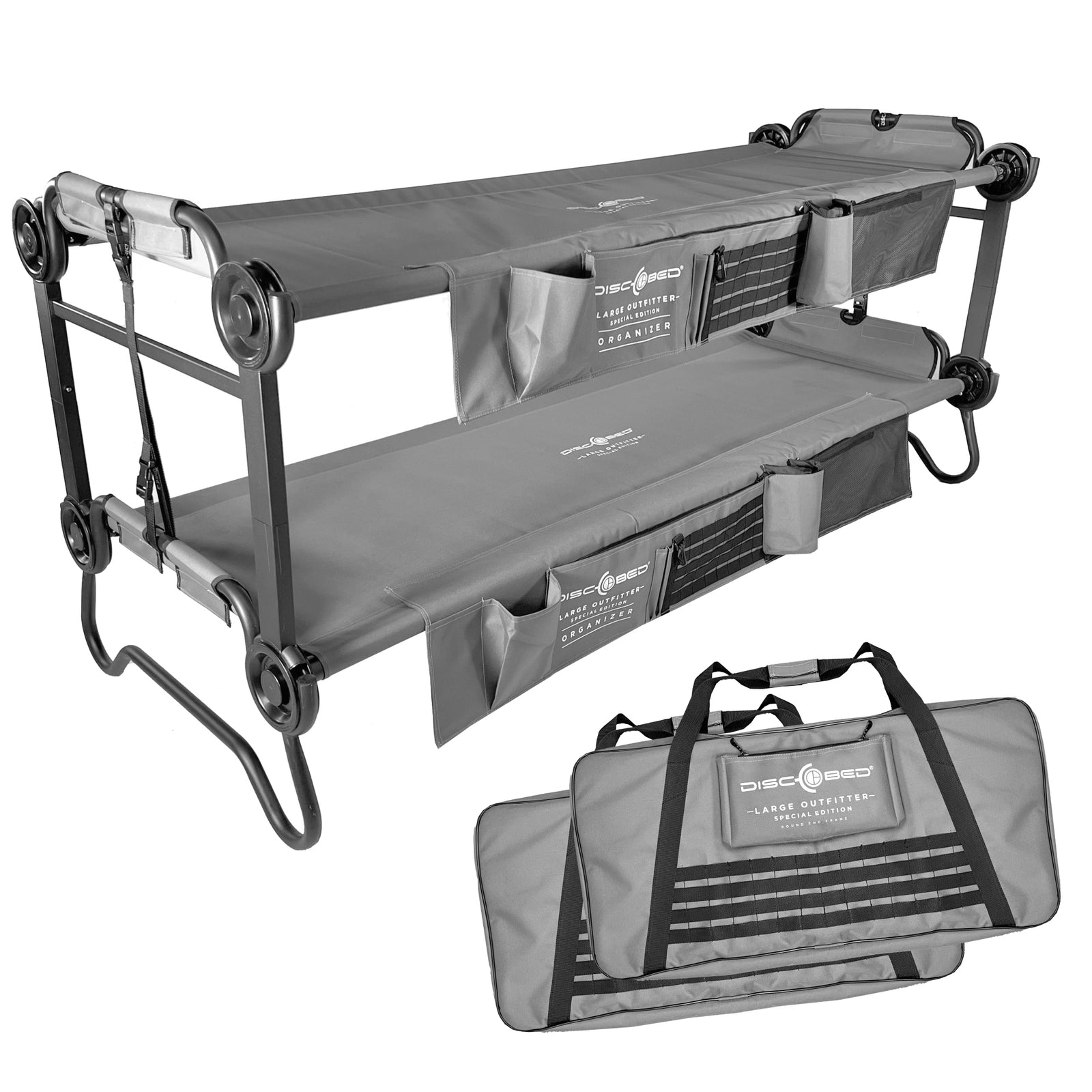 Disc-O-Bed Large Outfitter Bunk Benchable Double Cot w/ Storage Organizers, Gray - VMInnovations